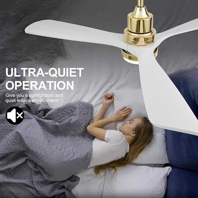 BOJUE 52 Inch Gold Ceiling Fans with Lights and Remote, Dimmable LED Light, Modern Solid Wood Ceiling Fan with Light for Indoor/Outdoor Farmhouse, Bedroom, Patio - Gold Finish and White Blades