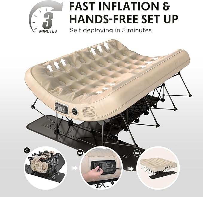 Simpli Comfy Queen EZ Bed Self-Inflating Air Mattress with Built-in Frame, Pump and Wheeled Case, Blow Up Inflatable Rolling Air Bed on Wheels