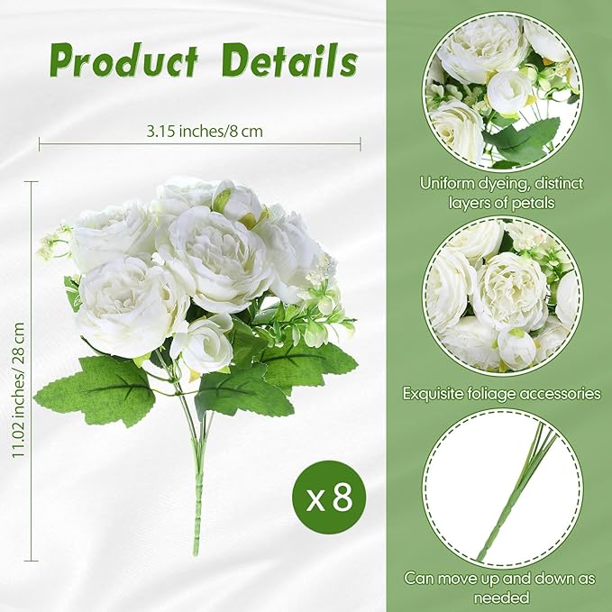 Geosar 8 Bundles Artificial Peonies Flowers Fake Silk Peony Bouquet Faux Peonies Flowers Bulk for Decoration Vase Floral Arrangements Wedding Party Table (White)