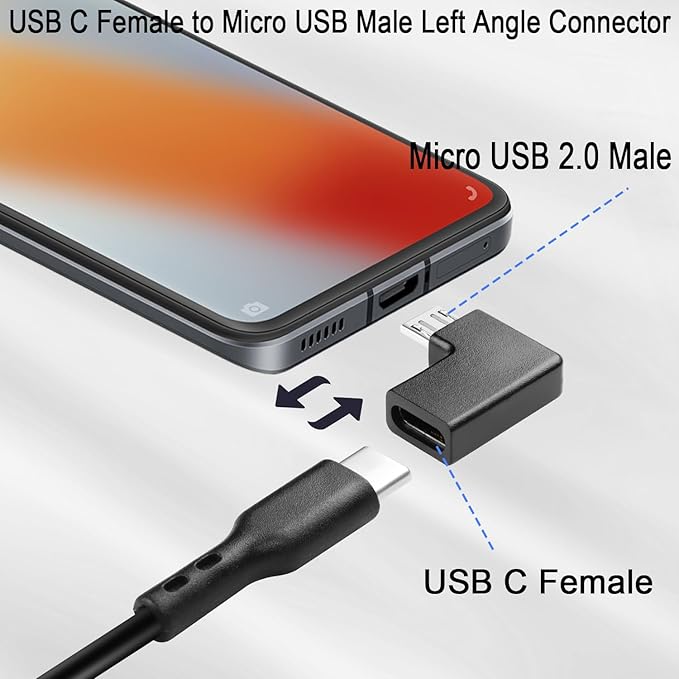 QIANRENON 90 Angle USB C to Micro USB Adapter - 10W (5V2A) 480Mbps, Left Angle Connector Plug, for Phone, Camera, MP3, MP4 - 2Pcs (Left Bend)