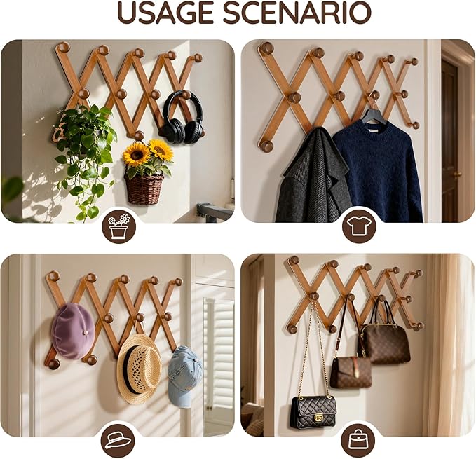 WGFKVAS Hat Rack for Wall with 14 Hooks, Solid Wooden, Expandable Coat Rack Wall Mount for Coats, Hats, Bags, Baseball Caps, Brown