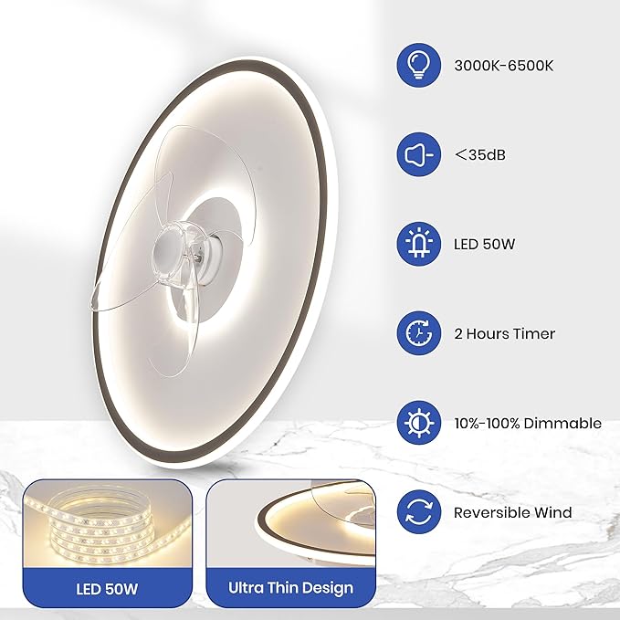 20" Flush Mount Ceiling Fan with Lights and Remote, 6 Wind Speeds, Dimmable LED for Bedroom, Kids Room and Living Room