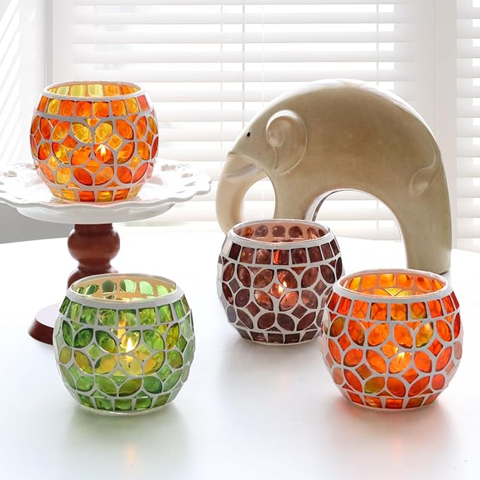 SHMILMH Mosaic Candle Holders Set of 4, Handmade Glass Tealight Votive Holders, Fall Thanksgiving Diwali Decor, Autumn Wedding Party Table Centerpiece, Brown Orange Green