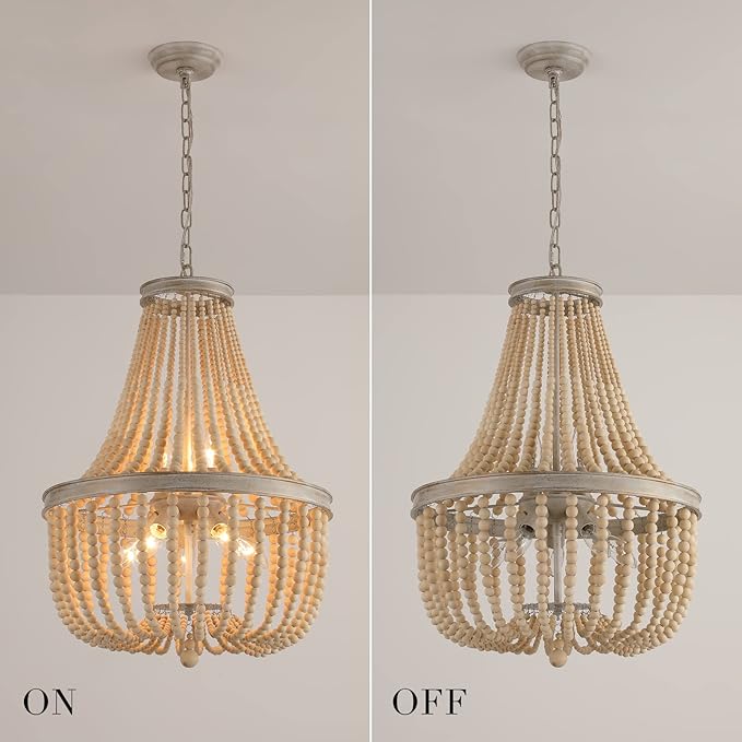 Q&S Farmhouse Wood Beaded Chandelier,Oak White 8-Lights Retro Vintage Antique Rustic Boho Pendant Light Fixture for Foyer Living Room Bedroom Kitchen Dining Room Office Nursery UL Listed