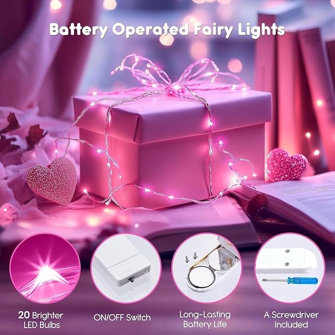 Minetom 6 Pack Fairy Lights Battery Operated String Lights - 7ft 20 LED Waterproof Silver Wire Firefly Lights for Valentine’s Day Decor DIY Crafts Wedding Table Centerpieces, Pink