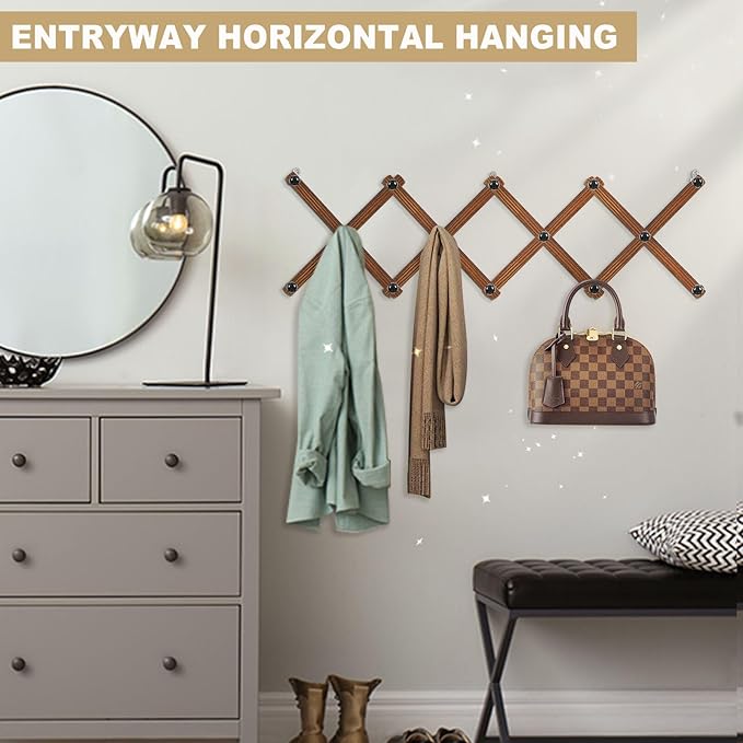 WGFKVAS Accordion Wall Hanger with 14 Hooks - 2Pcs Expandable Coat Rack Wall Mount - Wood Wall Hanger for Baseball Caps, Coats & Bags, Coffee Mug, Jewelry