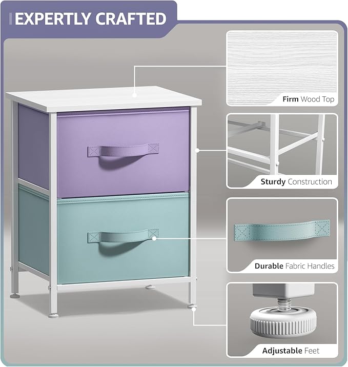 Sorbus Nightstand with 2 Drawers - Kids Bedside Furniture End Table Night Stand - Steel Frame, Wood Top & Easy Pull Fabric Bins - Dresser & Chest for Home, Bedroom Accessories, Office & College Dorm