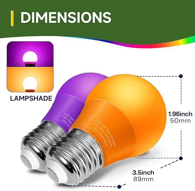 LED Orange and Purple Light Bulb, 40 Watt Equivalent LED A15 Bulb, 5 Watt Orange and Purple Color Light E26 Medium Bulb for Halloween, Christmas Decoration, Party, Holiday Mood Lighting, Pack of 2