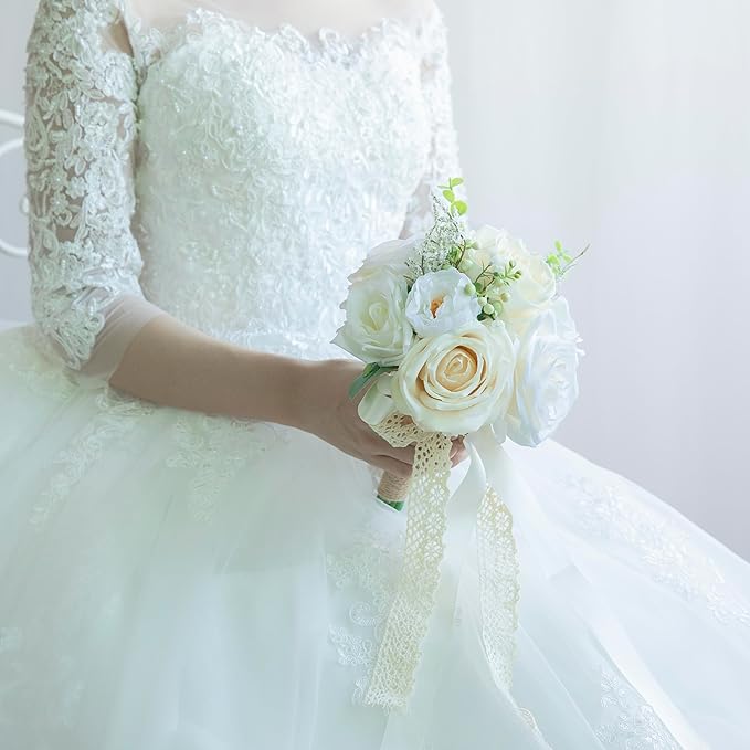 Wedding Bouquets for Bride Bridesmaid, Artificial White Champagne Bride Flower Bouquet for Wedding Church Decoration Ceremony, Anniversary, White Roses Flowers