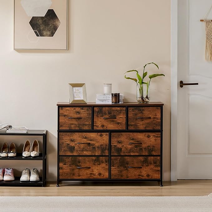 DUMOS Dresser for Bedroom with 7 Fabric Drawers, Chest Organizer Units for Clothing, Closet, Guestroom, Storage Tower with Cabinet, Metal Frame, Wooden Top, Lightweight Nursery Furniture, Brown