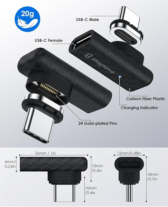 Magtame Magnetic USB C Right Angle Adapter 24Pin 240W 1Pack with 2 Tips, Carbon Fiber Plastic 90 Degree USB C Male to Female Adapter, 40Gbps Fast Charging & 4K Video for iPhone 17 16, Laptop, USB4