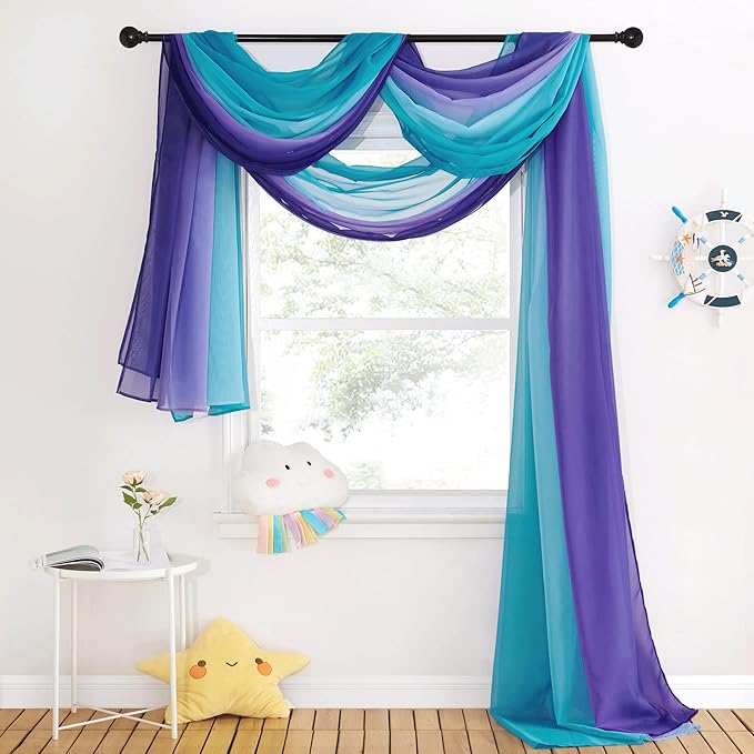 NICETOWN Lilac and Turquoise Ombre Voile Sheer Window Scarf, Wedding Decorations for Reception Decorative Bed Canopy for Gilrs Room/Kids Room, 2 Panels, W60 x L216