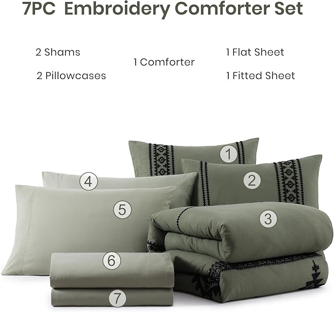 MaiRêve Oversized Queen Comforter Set Olive Green, Embroidery Western Bedding Set Boho 7 Pieces, Farmhouse All Season Bed in A Bag with Sheets, Pillowcases & Shams