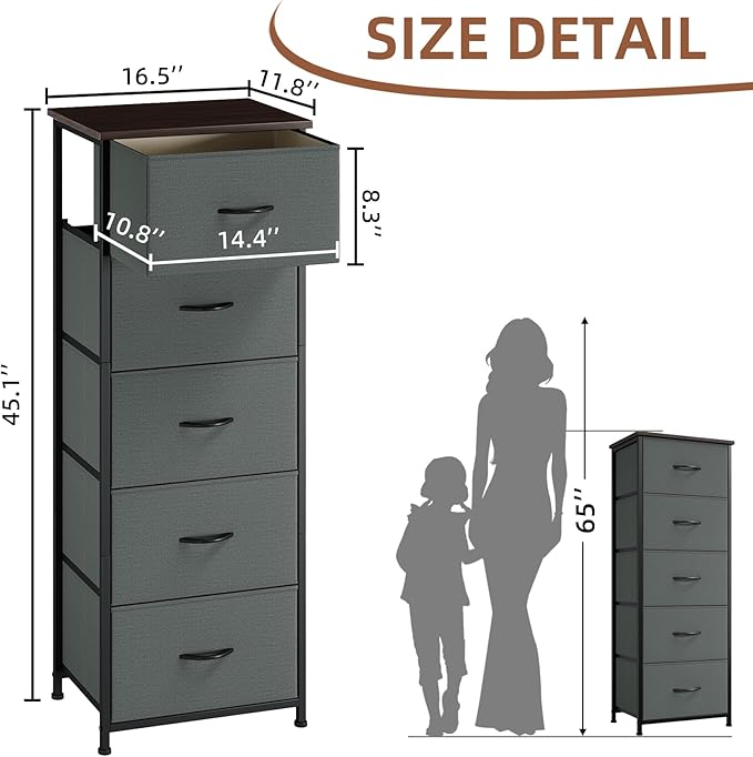 Somdot Dresser for Bedroom with 5 Drawers, Storage Organizer Chest of Drawers with Removable Fabric Bins for Closet Bedside Living Room Laundry Entryway Hallway, Charcoal Grey