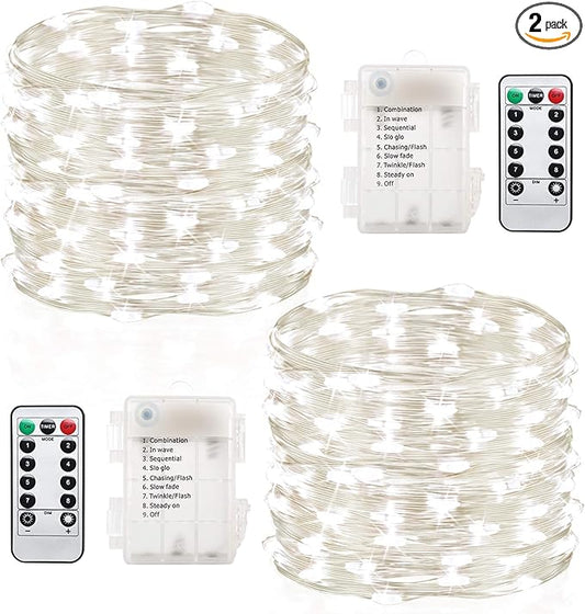 GDEALER 2 Pack Fairy Lights Christmas Decor 20 Ft 60 Led Battery Operated Christmas Lights with Remote Waterproof Twinkle Lights 8 Modes Fairy String Lights for Party Bedroom Wedding Decorations-White
