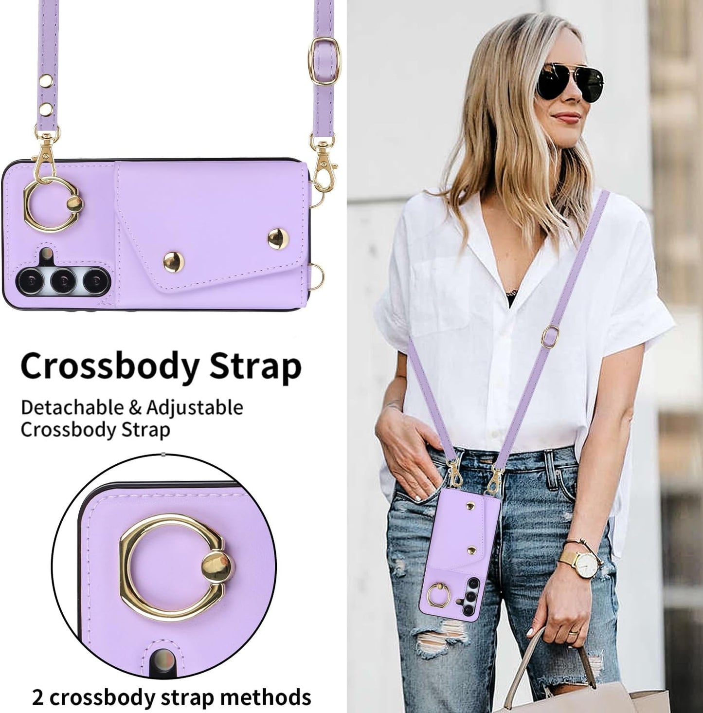 Samsung Galaxy S24 Phone Case for Women, Crossbody Wallet Case with Credit Card Holder Lanyard Shockproof Purse