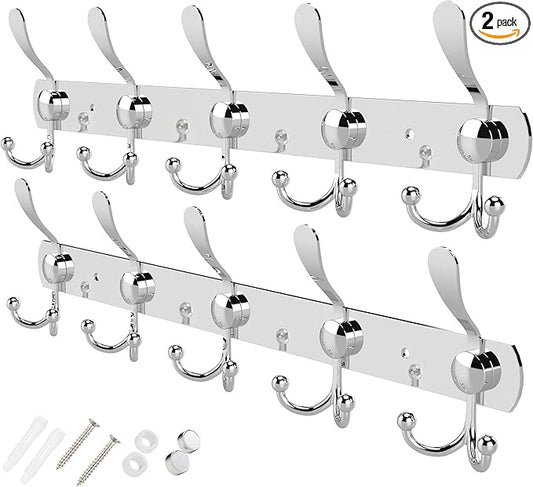 GlazieVault Coat Rack Wall Mount - Stainless Steel Coat Hooks (2 Pack) - Heavy Duty Wall Hooks for Clothes & Accessories