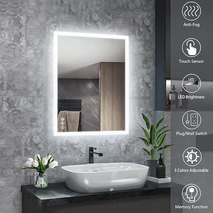 Lighted Bathroom Makeup Mirror,20x28 Inch LED Wall Mount Frameless Rectangle Smart Bathroom Mirror with Touch Button Horizontal/Vertical,Anti-Fog