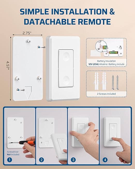DEWENWILS Wireless Light Switch and Receiver Kit, 15A High Power, No Wiring, 100FT RF Range, 3 Way Remote Control Wall Switches for Lamps, Ceiling Lights, Fans, 2 Transmitter+1 Receiver