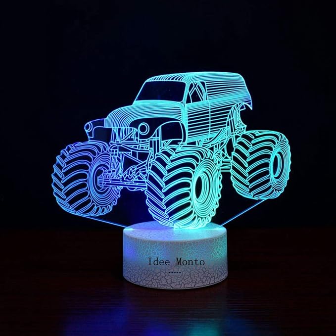 3D Night Lights for Children, Kids Night Lamp, Monster Trucks for Boys, 7 LED Colors Changing Lighting, Car Shape Acrylic Lighting Table Desk Bedroom Decoration, Cool Gifts Ideas Birthday Xmas
