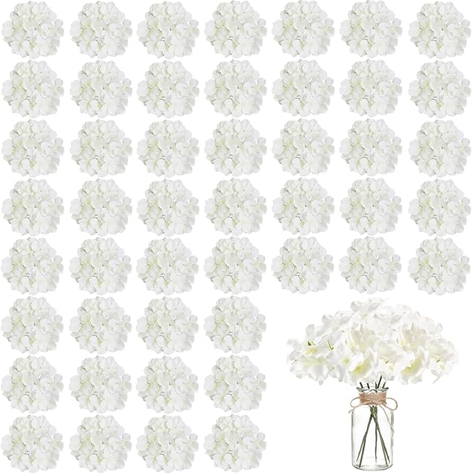 WEISPARK 100PCS Artificial Hydrangea Flowers, Fake Flowers Silk Hydrangea Full Flowers Heads with Stems for Wedding Home Party Shop Baby Shower Decor (Ivory)