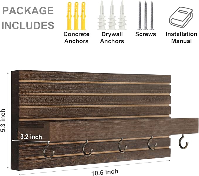 Decorative Key Holder for Wall with Shelf, Entryway Shelf with Hooks Holds Leashes, Jackets and Glasses – Sturdy Wood Keyholder Entrance Hanger with Mounting Hardware (Brown, Medium)