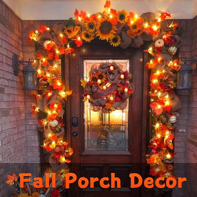 YEGUO 4 Packs Thanksgiving Decorations for Home, Fall Lights Battery Operated, Total 40ft 80 LED Lighted Fall Garland Maple Leaves for Thanksgiving Decor