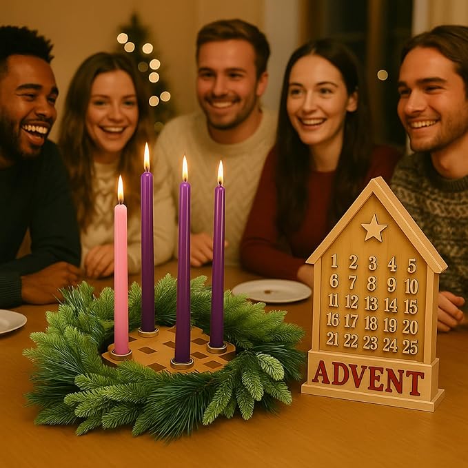 Mumufy 5 Pcs Advent Candle Holder Set Christmas Centerpiece Religious Decorations Snowflake Shape Wooden Advent Candlestick Holders with Purple Pink Taper Candles for Thanksgiving Christmas Nativity