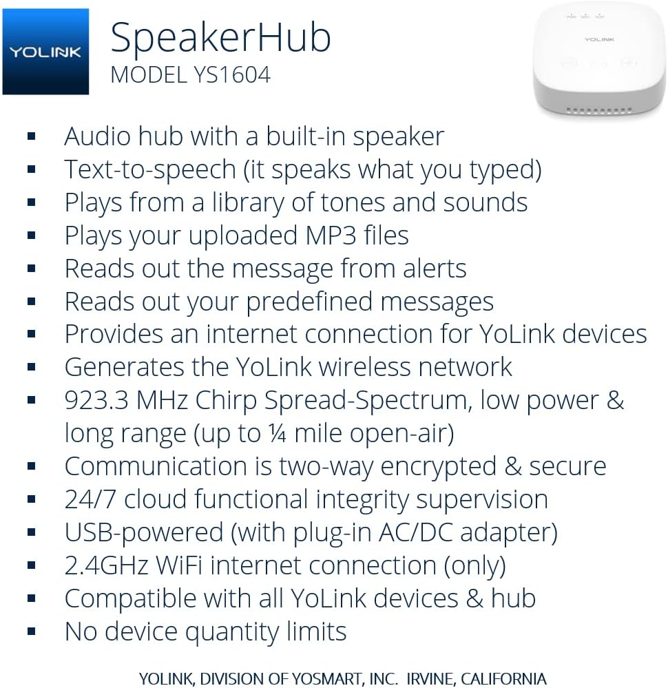 YoLink SpeakerHub, Smart Home Speaker Hub, Plays Tones/Alarms, Text-to-Speech Custom Messages, Voice Announcements,