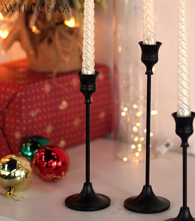 Black Candlestick Holders, Taper Candle Holders, Set of 3 Matte Black Candle Holder Set, Vintage Table Centerpiece for Wedding Christmas Holiday