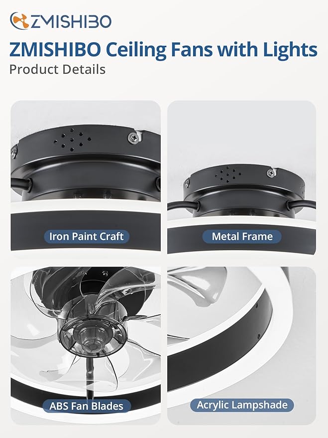 ZMISHIBO Low Profile Ceiling Fans with Lights and Remote, 13 Inch Fandelier Ceiling Fan with Light, Black Modern Flush Mount Ceiling Fan, Small Dimmable LED Fan Lights for Bedroom