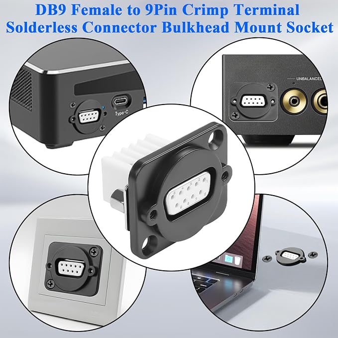 QIANRENON DB9 Solderless Adapter Panel Mount Socket DB9 Female to 9Pin Crimp Terminal Bulkhead Mount Serial Connector D-SUB 9Pin Wiring, with Butt Screw Hole, for Extend RS232/RS485/RS422 Port
