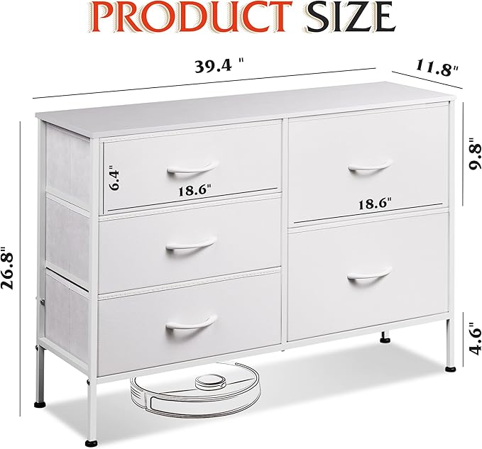 WLIVE White Dresser for Bedroom with 5 Drawers, Fabric Dresser for Living Room, Wide Chest of Drawers for Bedroom, Closet, Hallway, White