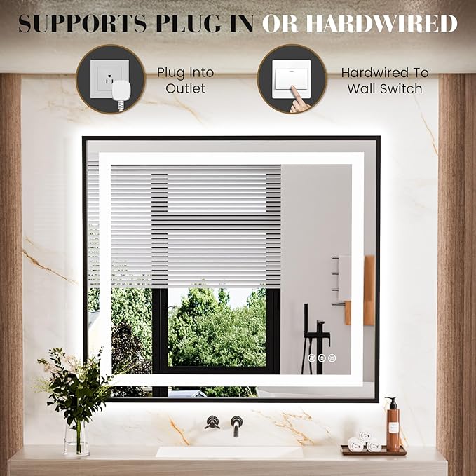 LED Bathroom Mirror,32"x36" Mirror with Black Frame, Front Light and Backlit, Stepless Dimmable, Anti-Fog, Shatter-Proof, Memory, 3 Colors, Double LED Vanity Mirror