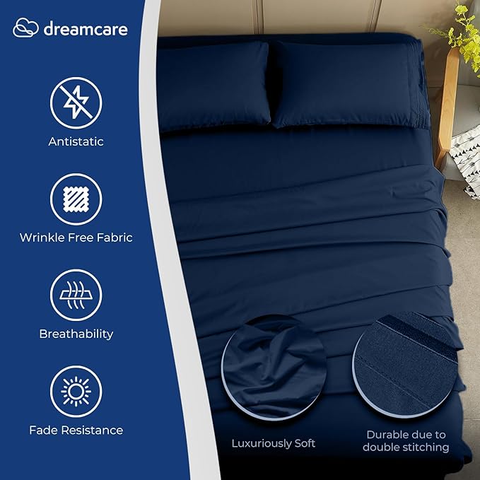 DREAMCARE California King Sheet Sets – 4 pcs Cooling Sheets – up to 21” Deep Cal King Sheets – Hotel Luxury Pillowcases – Superior Softness 100% Fine Microfiber with Side Pocket – Navy Blue