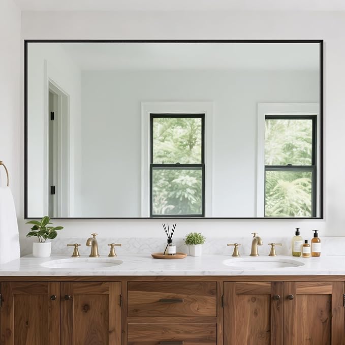 Suidia Bathroom Mirror, 60" x 36" Wall Mirror Metal Framed, Bathroom Vanity Mirror for Living Room Bedroom Bathroom Entryway, Black, Rect Corner Style