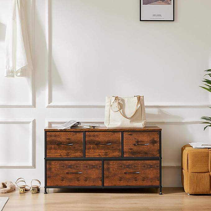 OLIXIS 5 Drawer Dresser Nightstand Classic Rust Brown, Wooden Top Metal Frame Fabric Storage Organizer for Bedroom Living Room Entryway, Wide TV Stand Closet Chest Furniture