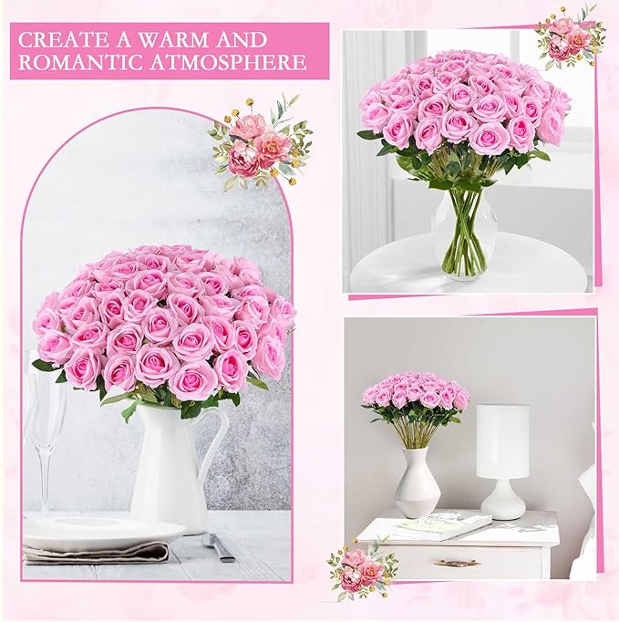 Hananona 50 Artificial Roses in Bulk, Fake Silk Pink Roses Realistic Roses for Wedding Centerpieces Flower Arrangement Home Decor (50, Pink)