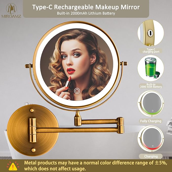 Rechargeable Wall Mounted Lighted Makeup Vanity Mirror 8 Inch Double Sided 1X 10X Magnifying for Bathroom, 3 Color Lighting, Touch Screen, 360 Rotation Shaving Brushed Antique Brass