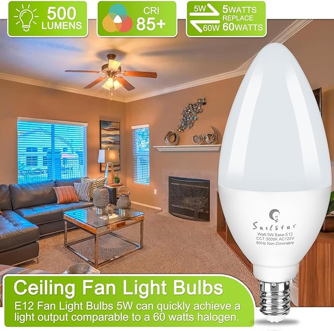 Sailstar Light Bulbs 60 Watt Equivalent, E12 Candelabra LED Light Bulbs, 3000K White, 500LM Ceiling Fan Light Bulbs, B11 Type B Bulb, Small Base Chandelier Light Bulbs 5W, CRI 85, Non-dimmable, 3 Pack
