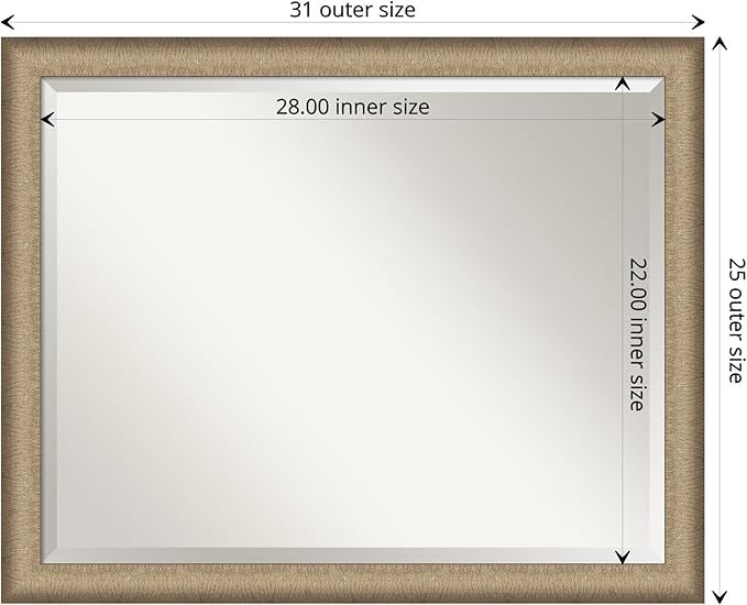 Amanti Art Bronze Bathroom Mirror for Over Sink, 25x31 Elegant Brushed Bronze Narrow Rectangle Vanity Mirror, Large Casual Frame, Hangs Horizonally and Vertically, Bathroom Wall Decor, Beveled Edge