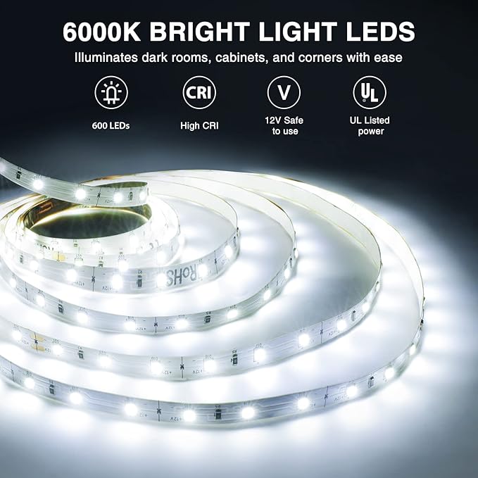 Onforu White LED Strip Lights, 32.8FT 6000K Super Bright Dimmable Tape Light Kit, 600 LEDs Daylight Easter Rope Light, 12V Flexible Strip Lighting for Mirror, Under Cabinet, Home, Bedroom
