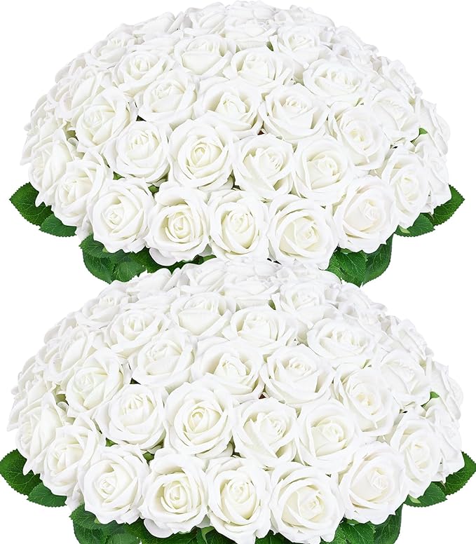 BLEUM CADE 50 Pcs White Roses Artificial Flowers, Real Touch Velvet Roses Fake Flowers Bulk, Artificial Roses Bouquet with Long Stems Bridal DIY Wedding Party Centerpiece Decorations