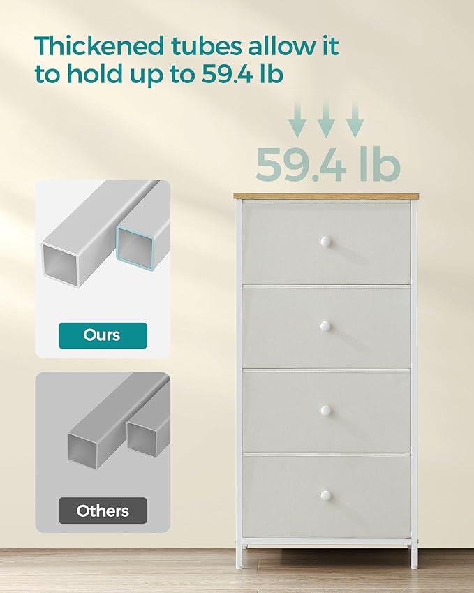 SONGMICS Dresser for Bedroom, Fabric Dresser with 4 Drawers, Metal Frame, Small Chest of Drawers, White and Oak ULTS314W57