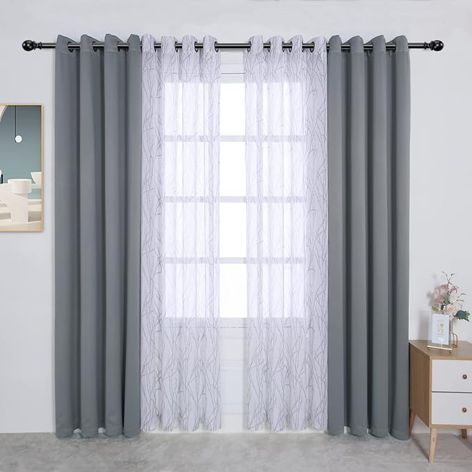 BONZER Mix and Match Curtains - 2 Pieces Branch Print Sheer Curtains and 2 Pieces Blackout Curtains for Bedroom Living Room Grommet Window Drapes, 54x63 Inch/Panel, Light Grey, Set of 4 Panels