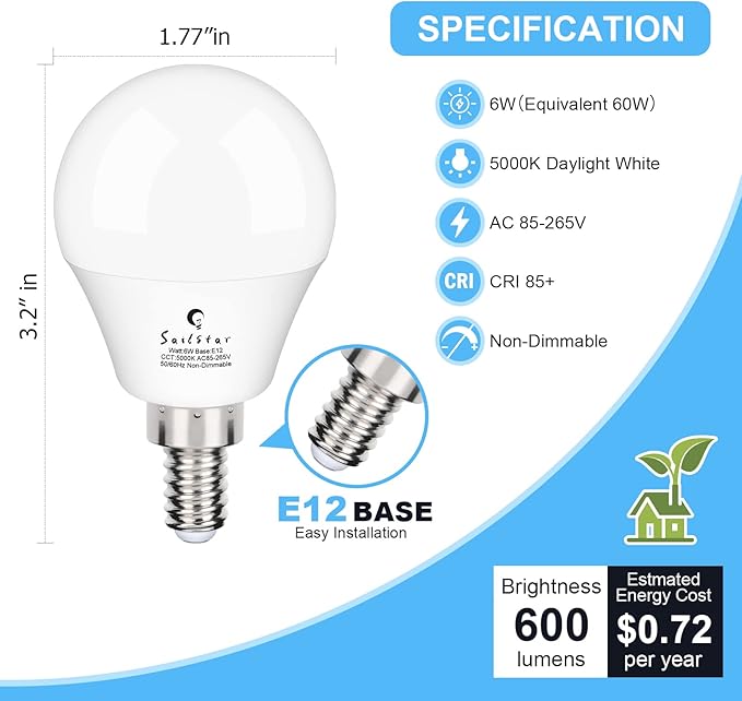 Sailstar Candelabra LED Light Bulbs 60-Watt Equivalent, Daylight White 5000K, E12 Candelabra Base, 6 Watt A15 LED Bulbs for Ceiling Fan, Vanity Mirror Light | 6-Pack