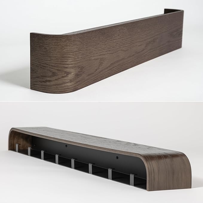 Kazai. Wall-Mounted Coat Rack 'Toke' - Modern Design Coat Rack with Hidden Wall Hooks - Solid Wood Veneer Panel Coat Hanger - Oak, Dark