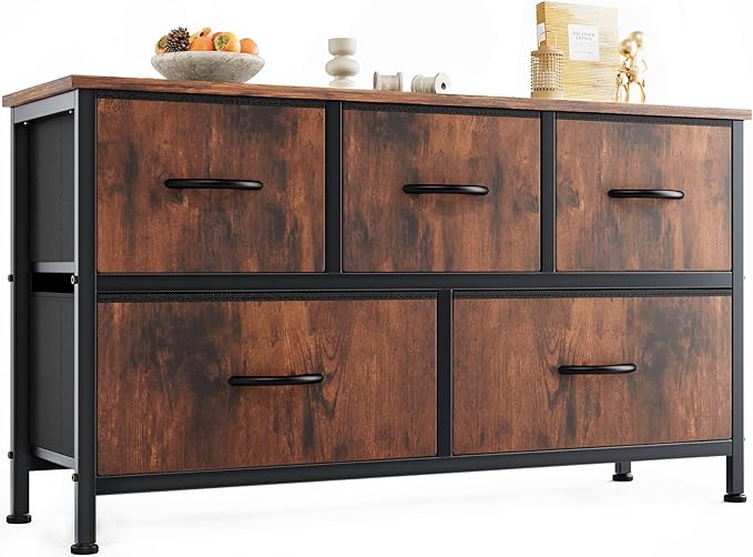 OLIXIS Dresser for Bedroom with 5 Drawers, Wide Chest of Drawers, Fabric Bedroom Dresser with Drawer Organizers, Storage Organizer Unit with Fabric Bins for Closet, Living Room, Hallway, Rustic Brown