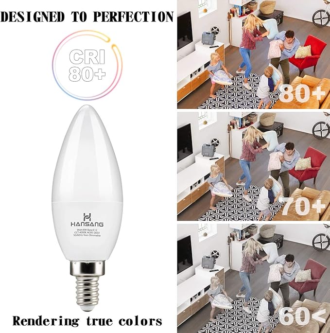 hansang E12 Candelabra LED Bulbs 4000K Daylight Ceiling Fan Light Bulb 6W, 60W Equivalent, Type B Light Bulb for Chandelier, C37 600LM,No-Dimmable 6 Pack