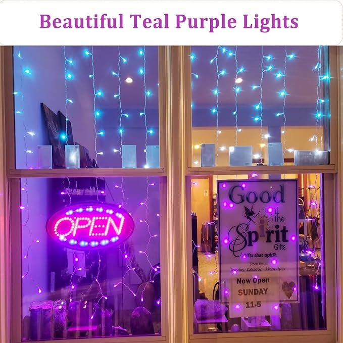 Curtain Lights for Bedroom Waterfall Led Light String PurpleTeal Ombre Hanging Fairy Mermaid Lights for Kids Teen Room Decor Window Ocean Sea Kawaii Christmas Decor Girls Gift (Turquoise & Purple)